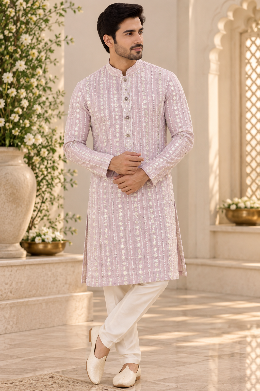 KPD4131 Dusty lilac sequins work kurta with White Pyjama