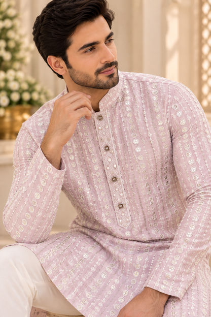 KPD4131 Dusty lilac sequins work kurta with White Pyjama