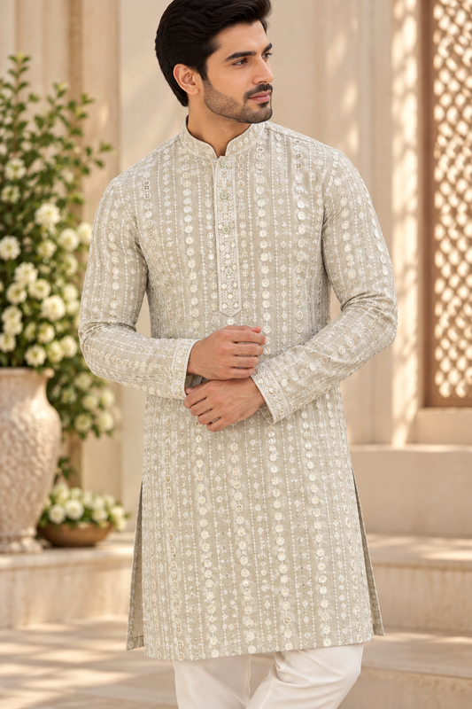 KPD4133 Sage grey sequins work kurta with White Pyjama