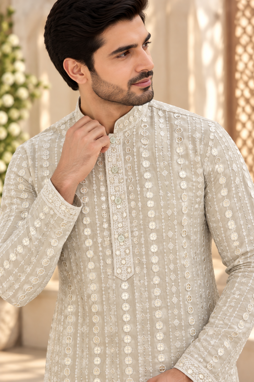 KPD4133 Sage grey sequins work kurta with White Pyjama