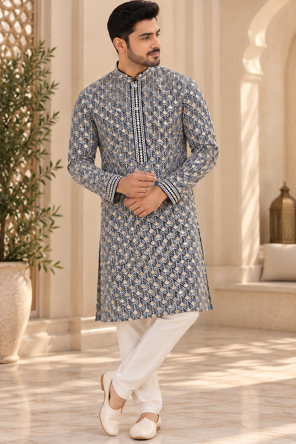 KPD4134 Navy blue thread and gold sequins work kurta with White Pyjama