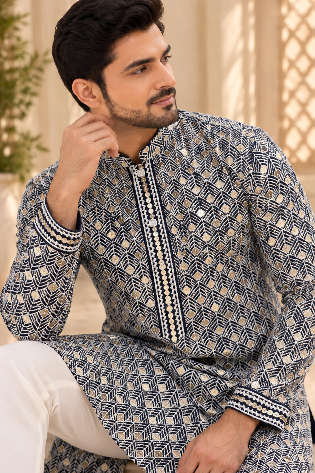 KPD4134 Navy blue thread and gold sequins work kurta with White Pyjama