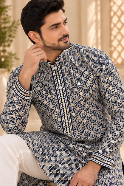 KPD4134 Navy blue thread and gold sequins work kurta with White Pyjama