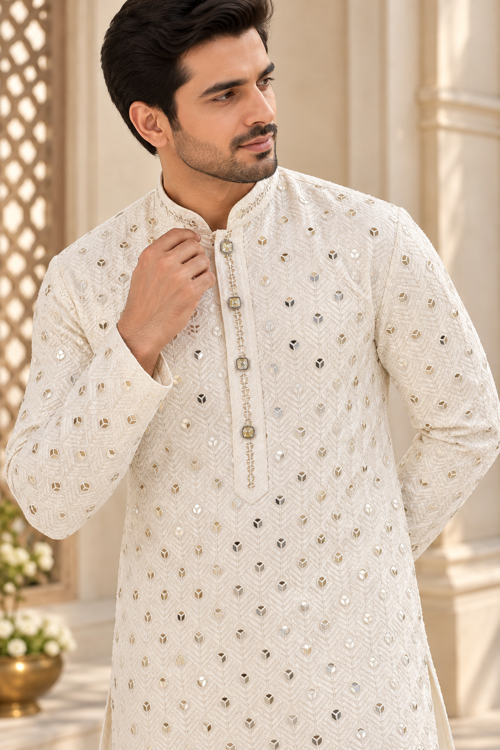 KPD4132 Cream gold sequins work kurta with White Pyjama