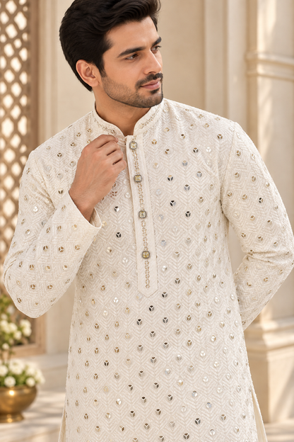 KPD4132 Cream gold sequins work kurta with White Pyjama