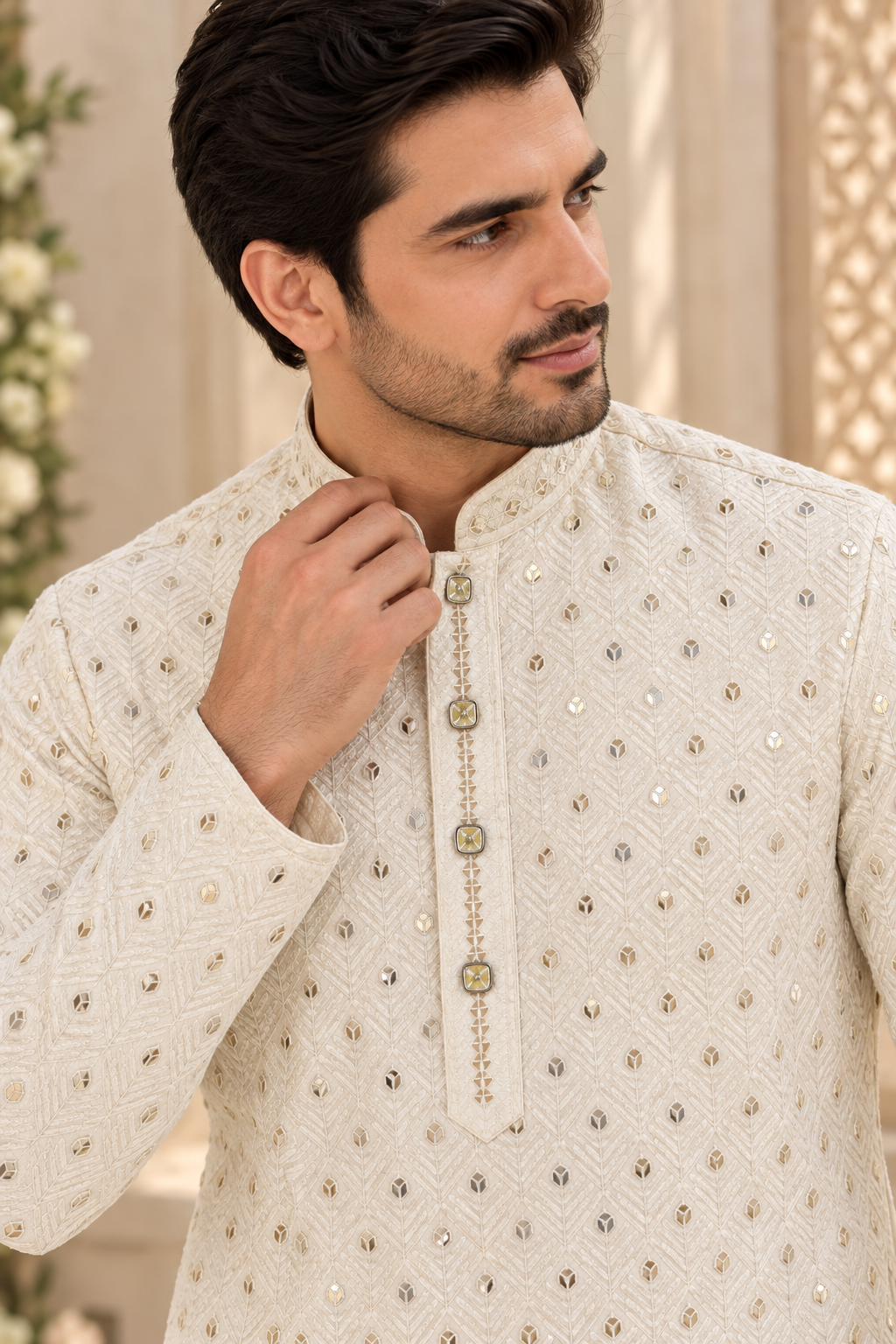 KPD4132 Cream gold sequins work kurta with White Pyjama