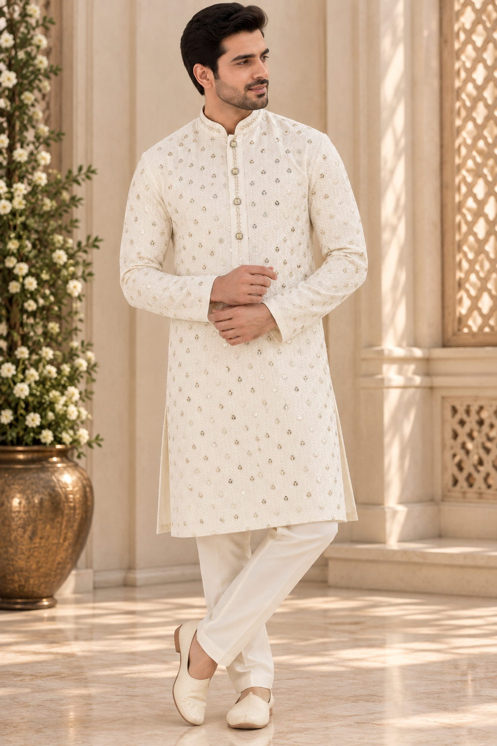 KPD4132 Cream gold sequins work kurta with White Pyjama