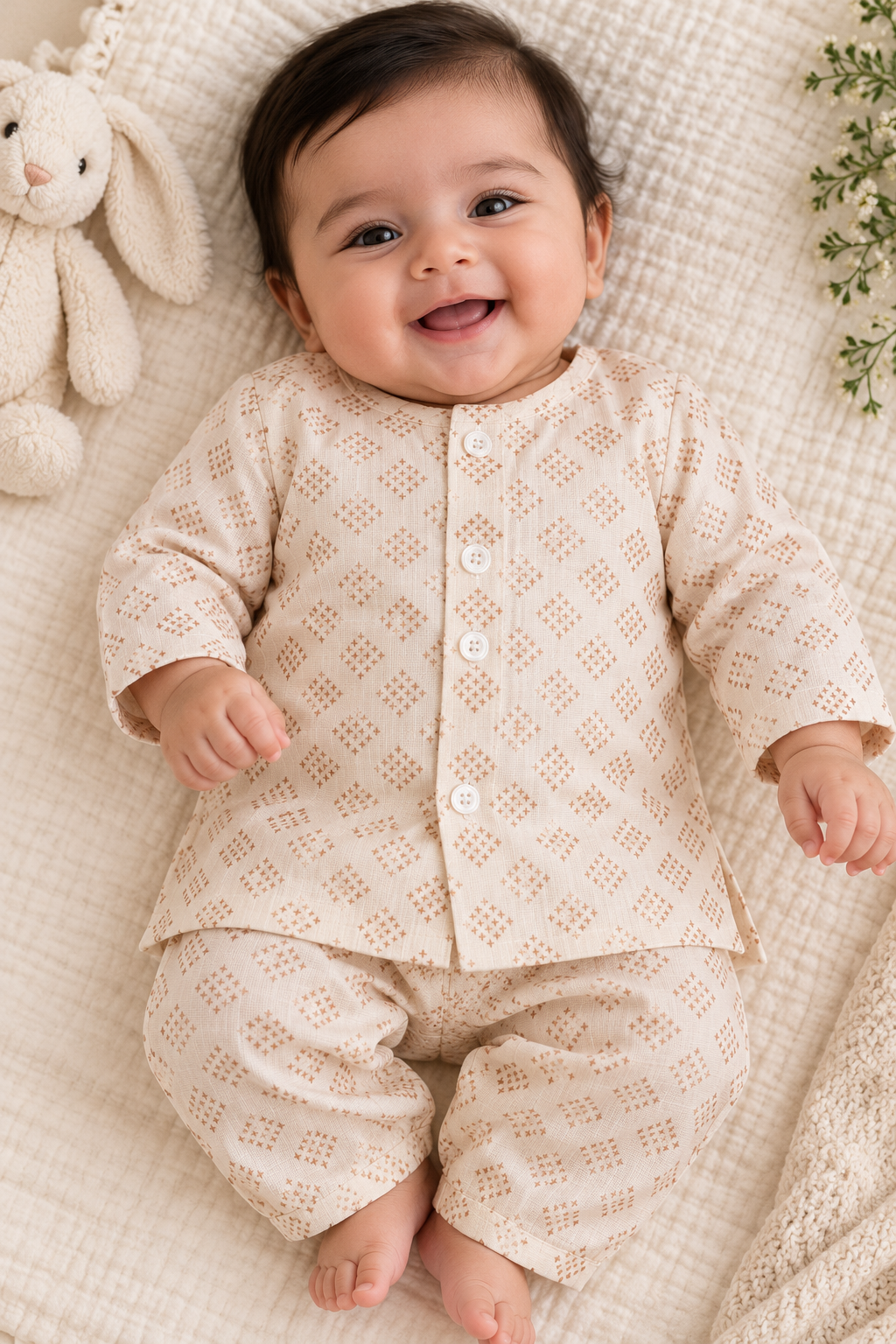 KPK5008 Beige Printed Kurta Pyjama Set New born