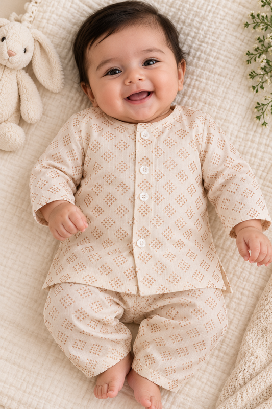 KPK2029 Beige Printed Kurta Pyjama Set New born