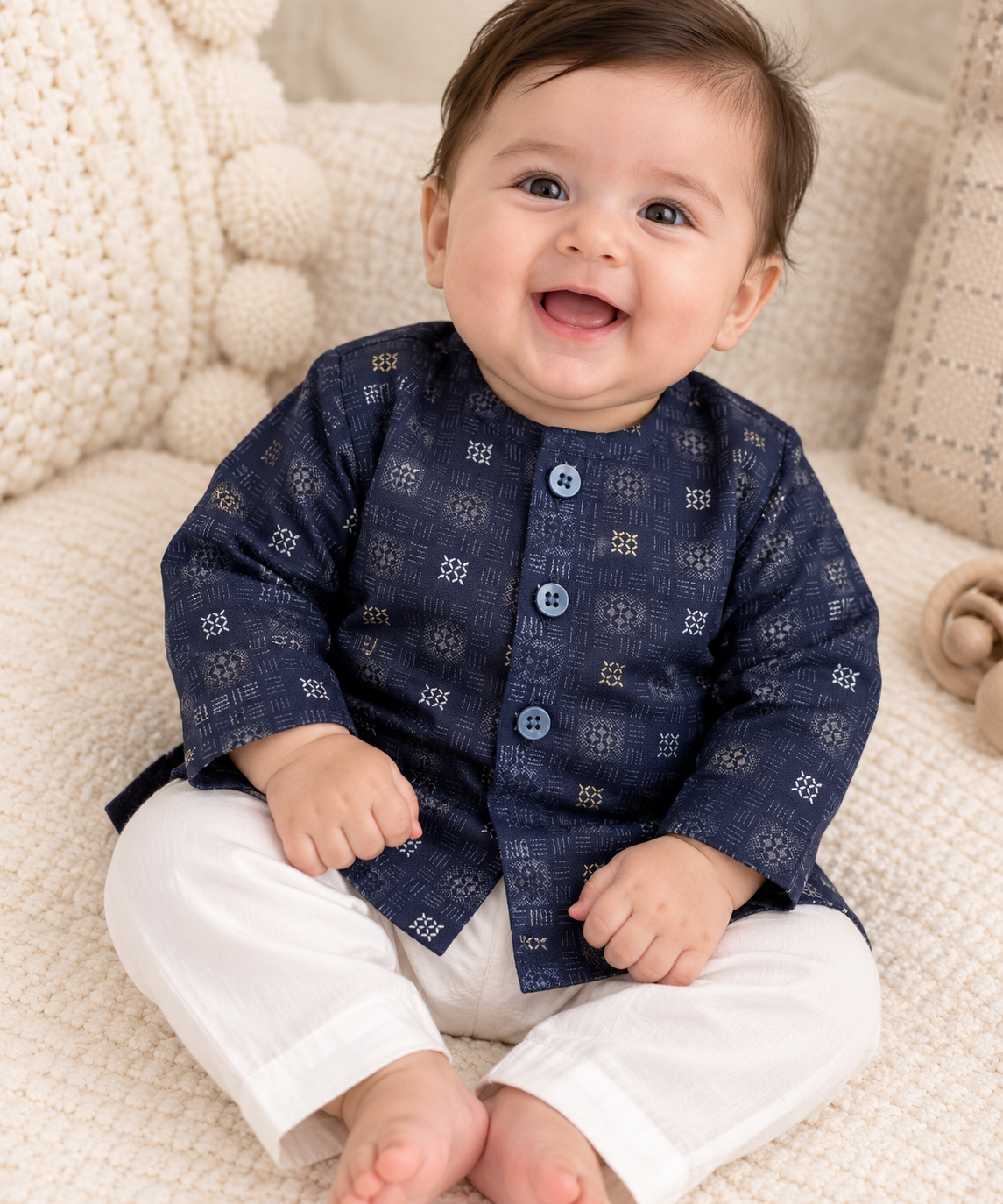 KPK5009 Navy Blue Printed Kurta with White Pyjama Set