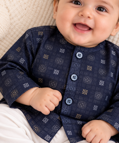 KPK5009 Navy Blue Printed Kurta with White Pyjama Set