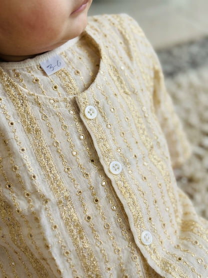 KPK5011 Cream & Gold Sequined Kurta with White Pyjama Set Newborn