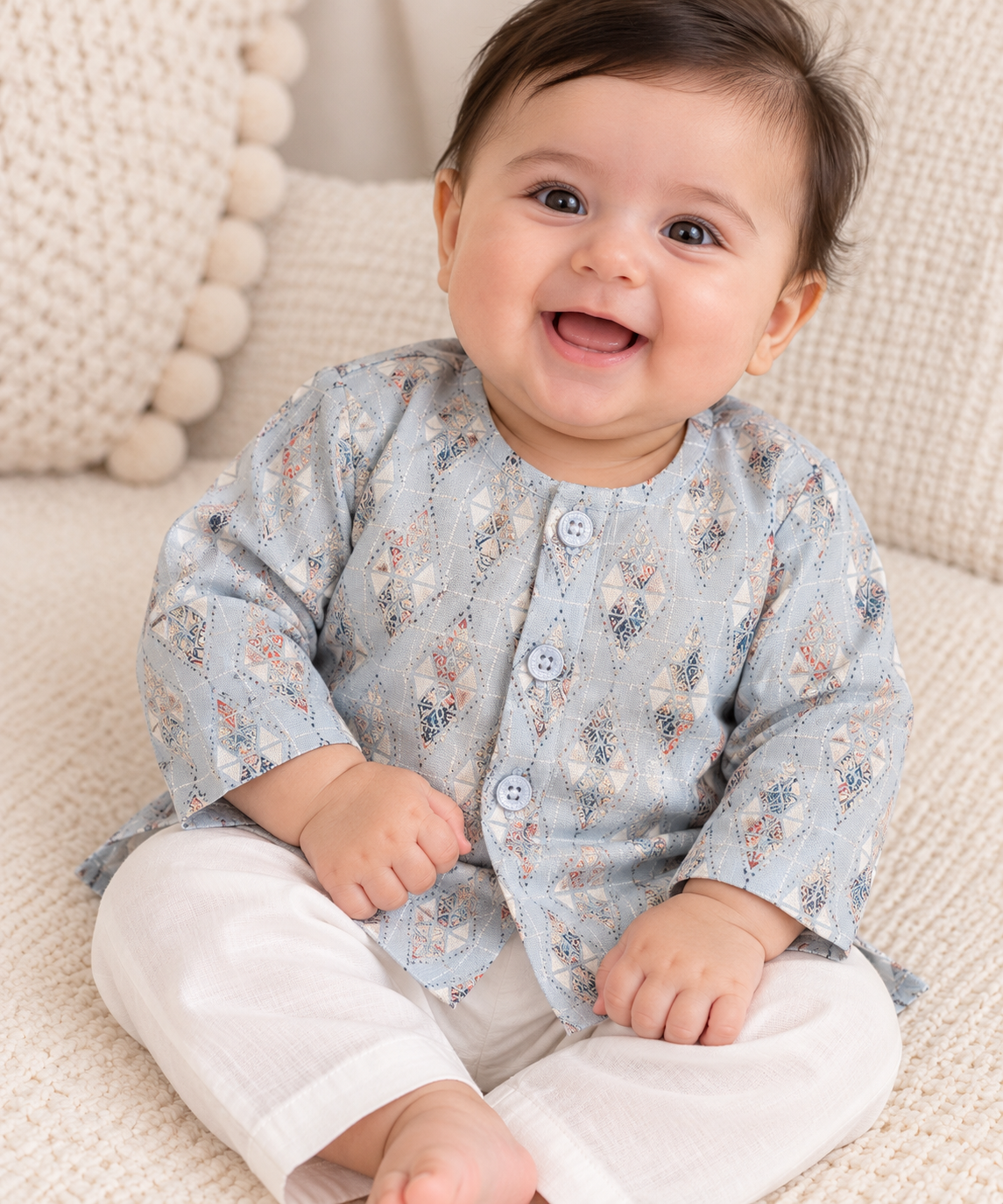 KPK5010 Light Slate Printed Kurta with White Pyjama Set New Born