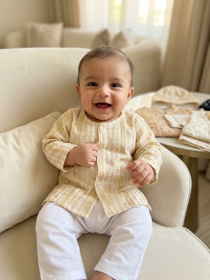 KPK5011 Cream & Gold Sequined Kurta with White Pyjama Set Newborn
