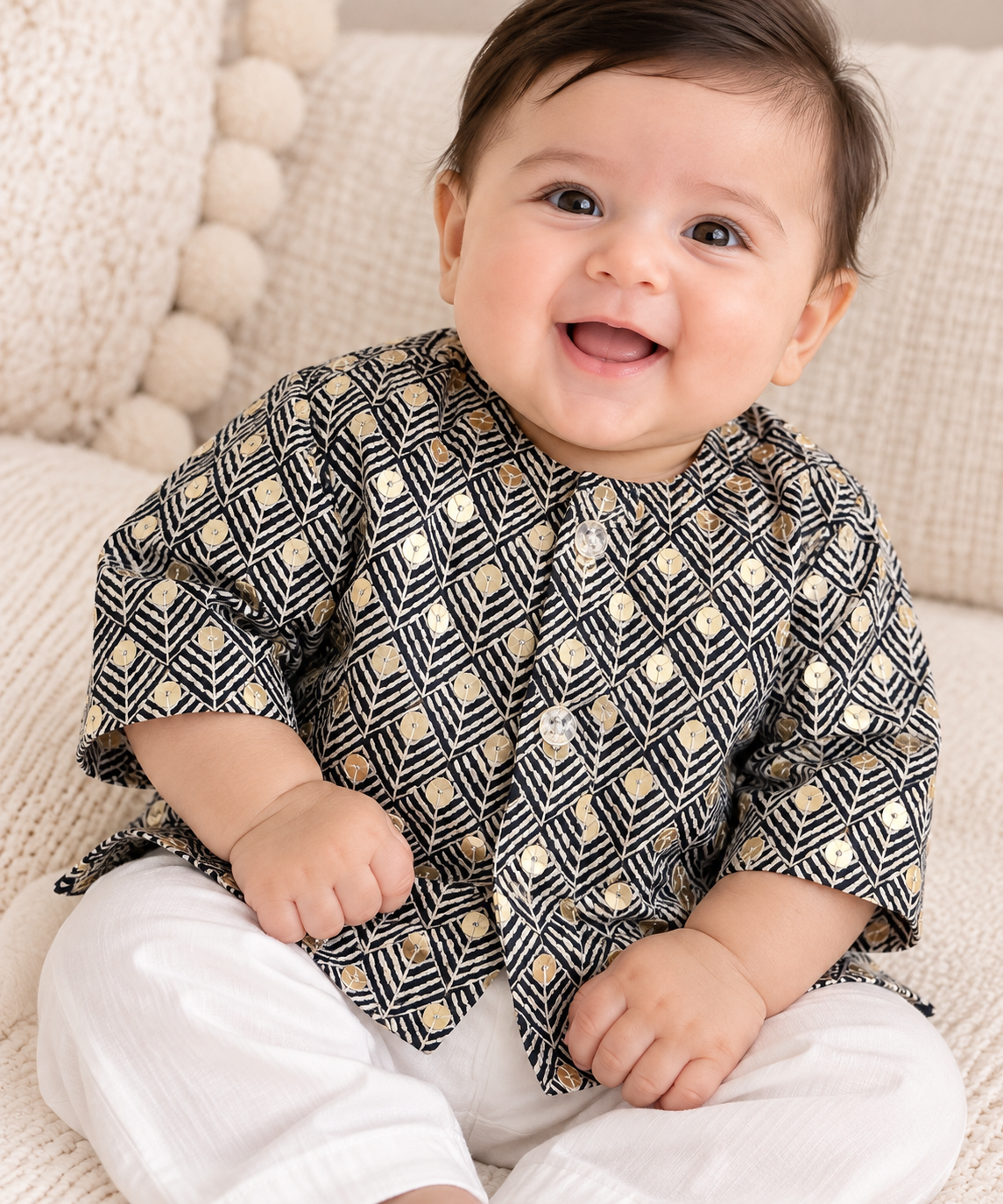 KPK5012 Black & Gold Sequin work Kurta and White Pyjama Set Newborn