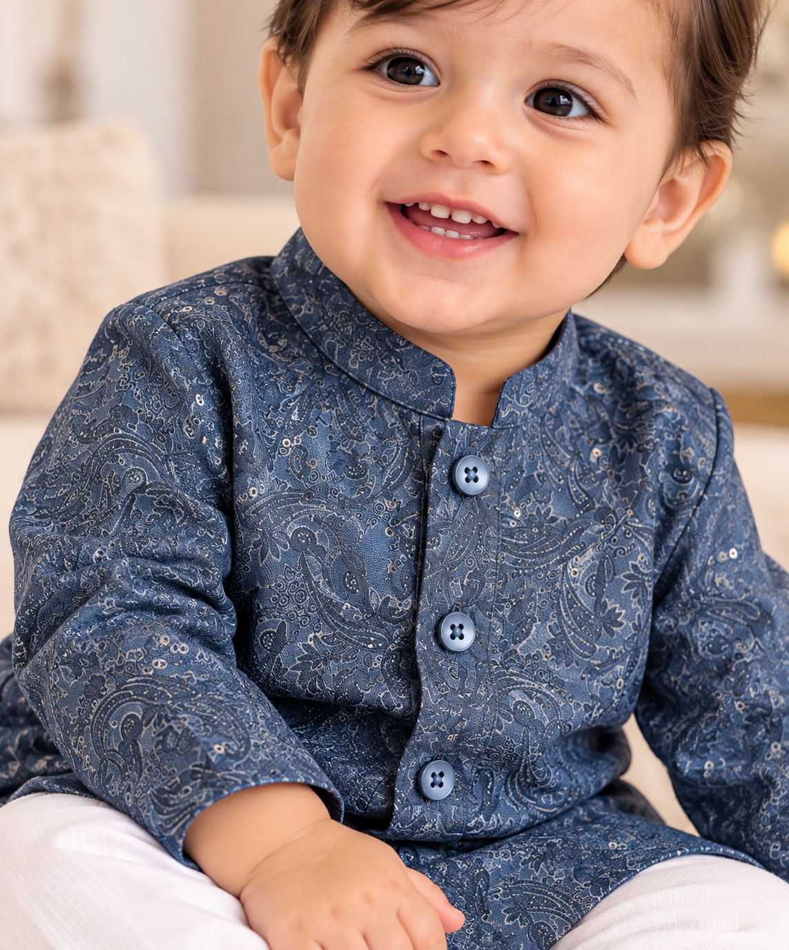 KPK5014 Royal Blue Paisley Kurta with White Pyjama Set