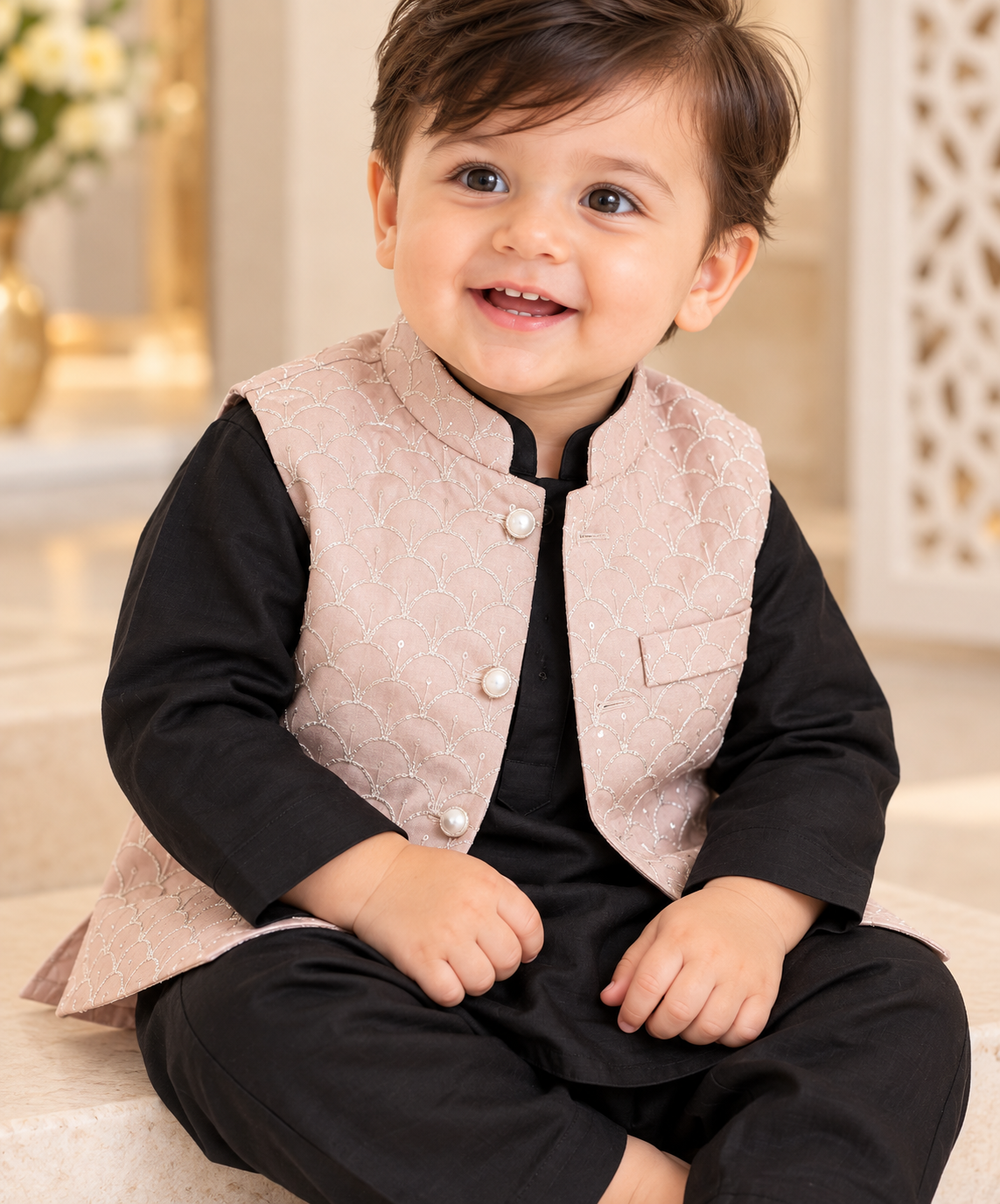 KPK5015 Black Kurta Pyjama Set with Dusty Pink Embroidered Nehru Jacket
