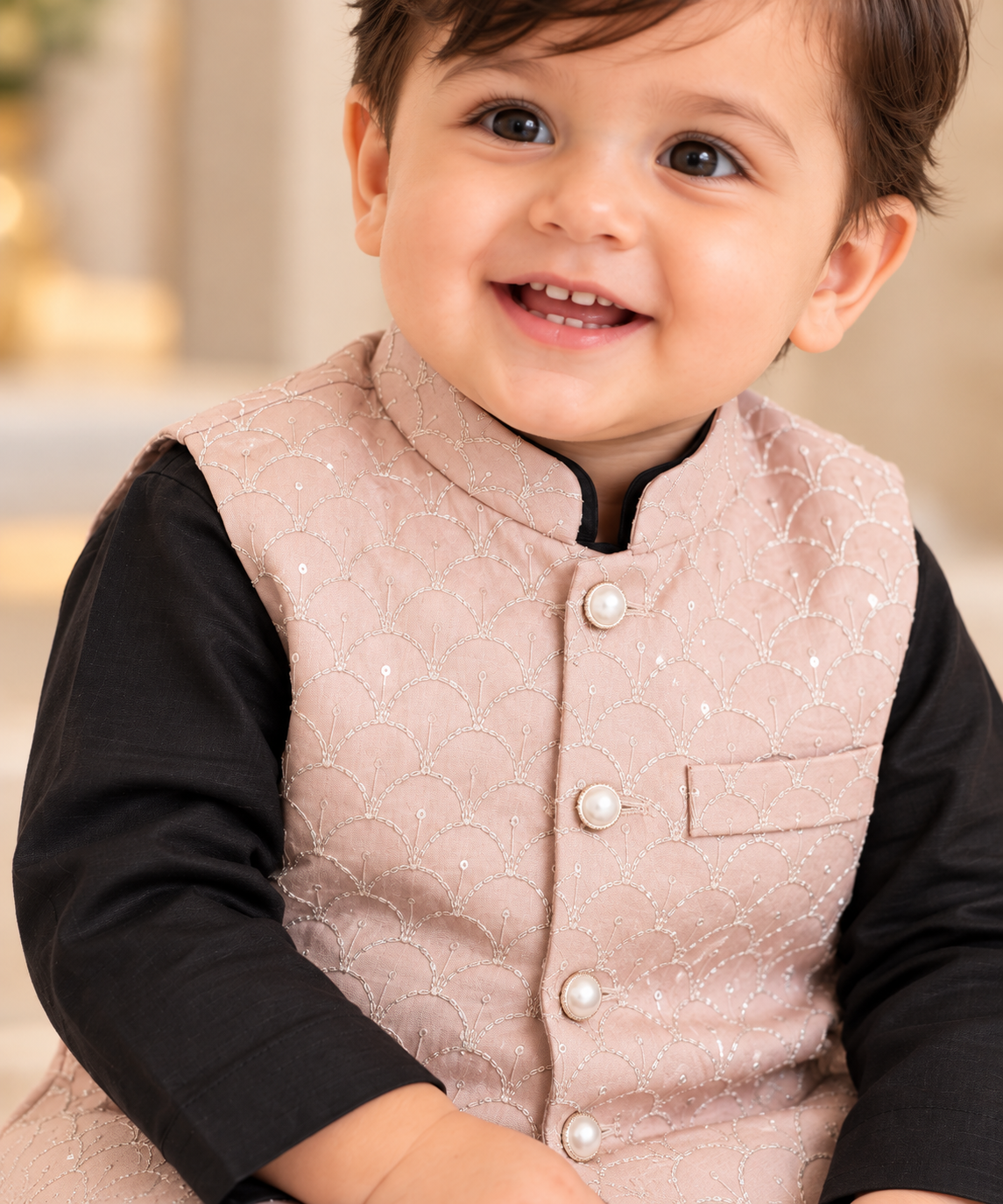 KPK5015 Black Kurta Pyjama Set with Dusty Pink Embroidered Nehru Jacket