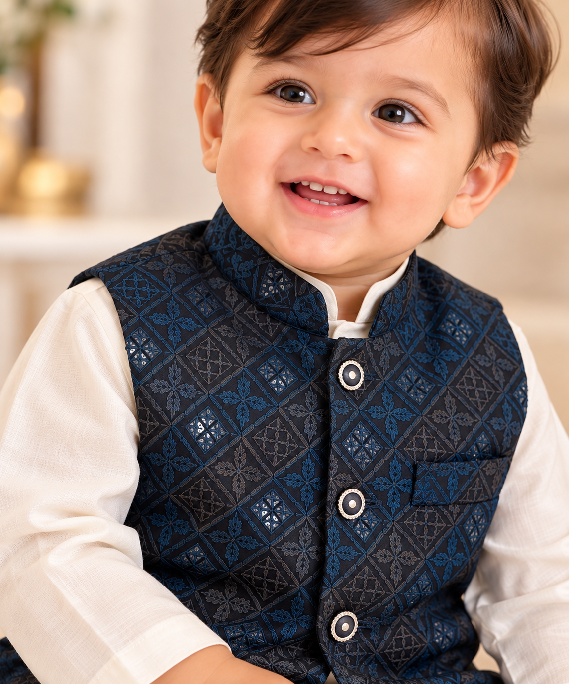 KPK5016 Cream Kurta Pyjama Set with Navy Blue Geometric Nehru Jacket