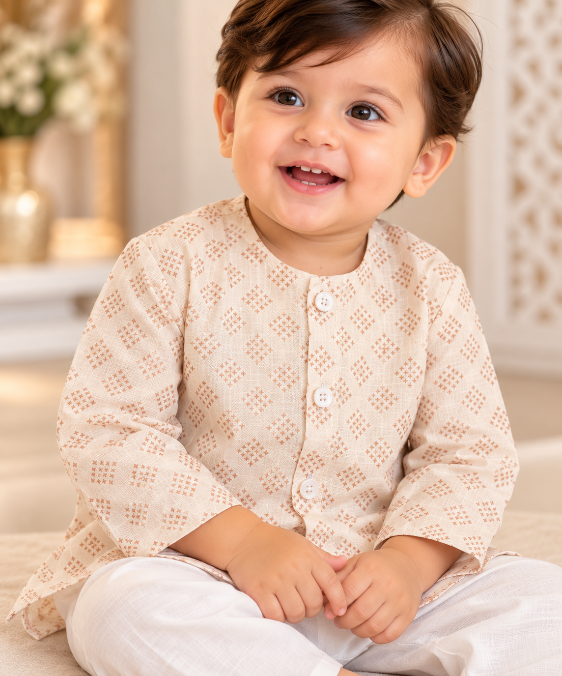 KPK5018 Beige Printed Kurta with White Pyjama Set