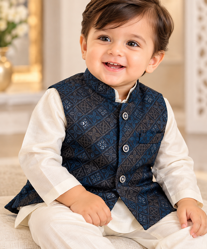 KPK5016 Cream Kurta Pyjama Set with Navy Blue Geometric Nehru Jacket