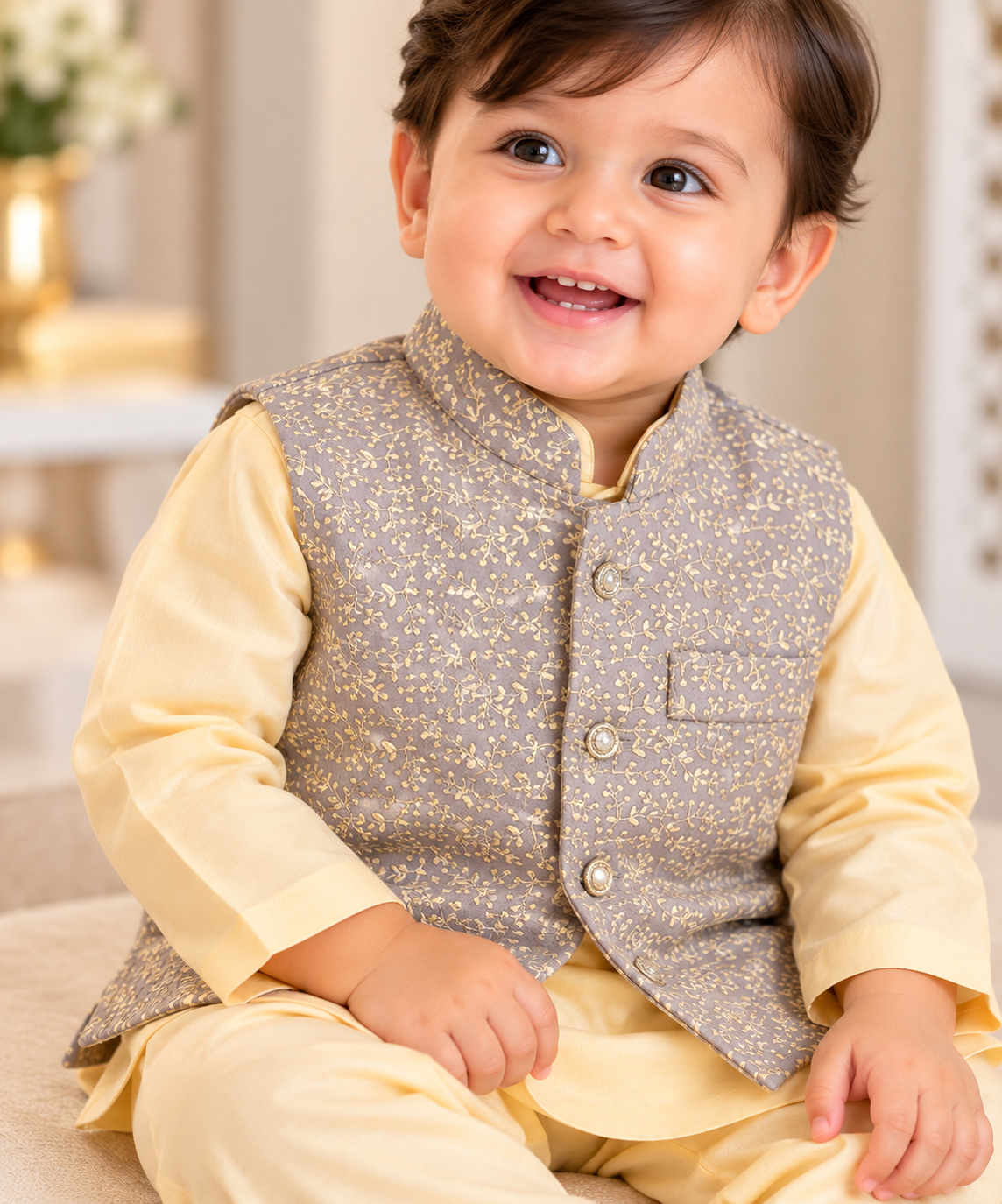 KPK5017 Pastle Yellow Kurta Pyjama Set with Grey Floral Nehru Jacket