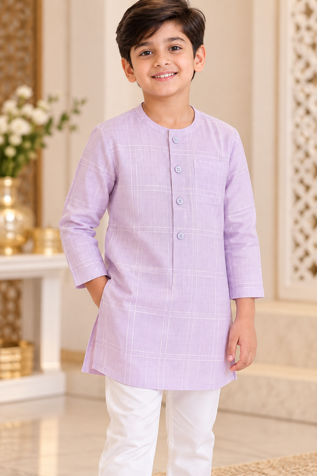 KPK5020 Lavender Cotton Kurta with White Pyjama Set for Boys