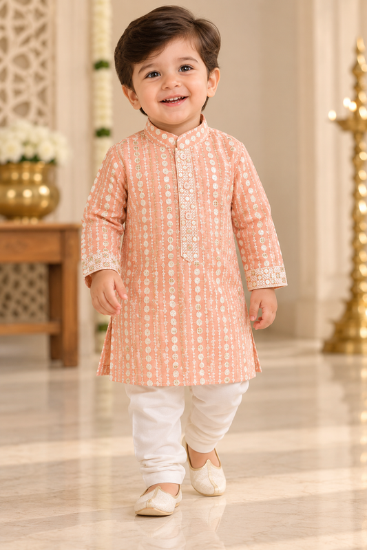 KPK7127 Peach Sequined Embroidered Kurta with White Pyjama Set