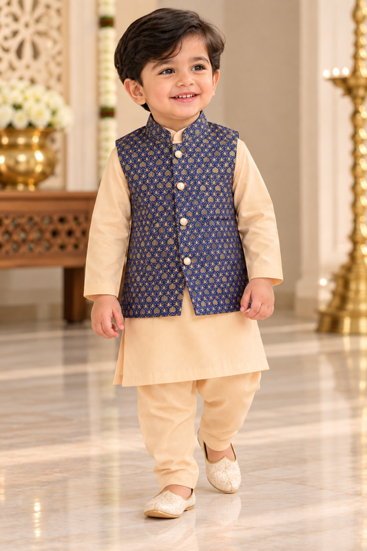 KPK7121 Beige Kurta Pyjama Set with Royal Blue Jacquard Nehru Jacket for Boys