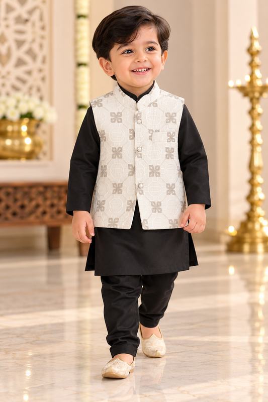 KPK7125 Black Kurta Pyjama Set with Cream Embroidered Nehru Jacket