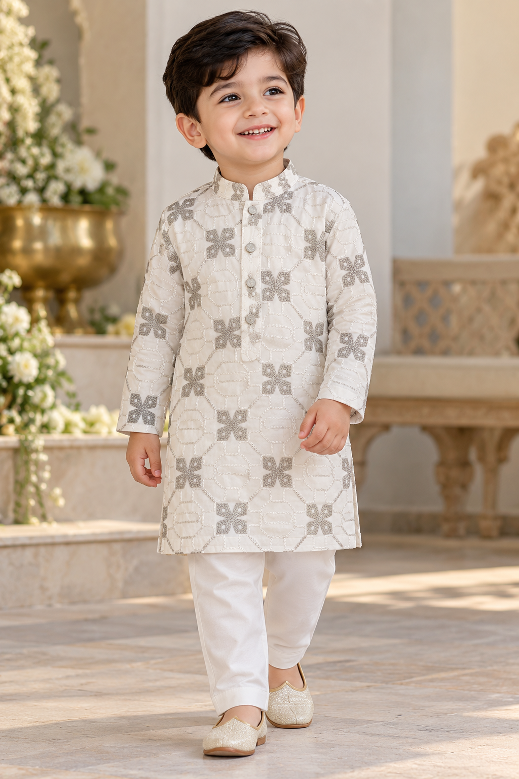 KPK7122 Off-White Embroidered Kurta Pyjama Set for Boys