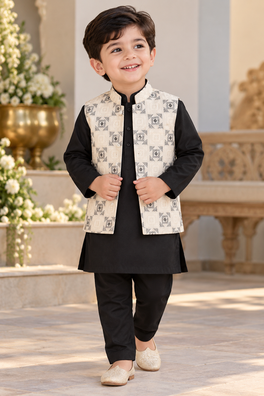 KPK7123 Black Kurta Pyjama Set with Cream Printed Nehru Jacket for Boys