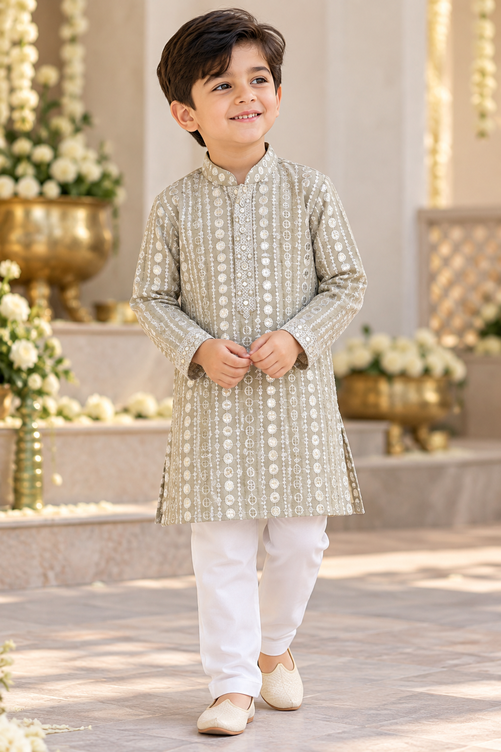 KPK7126 Sage Grey Sequined Embroidered Kurta Pyjama Set for Boys