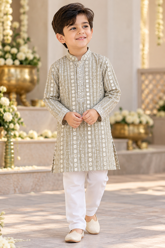 KPK7126 Sage Grey Sequined Embroidered Kurta Pyjama Set for Boys