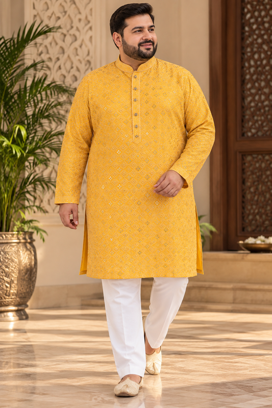 KPD4136 Plus Size Yellow Threadwork Kurta with White Pyjama Set