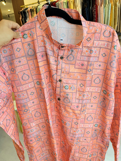 KPD6089 Orange Printed Sequin Work Kurta with White Pyjama Set