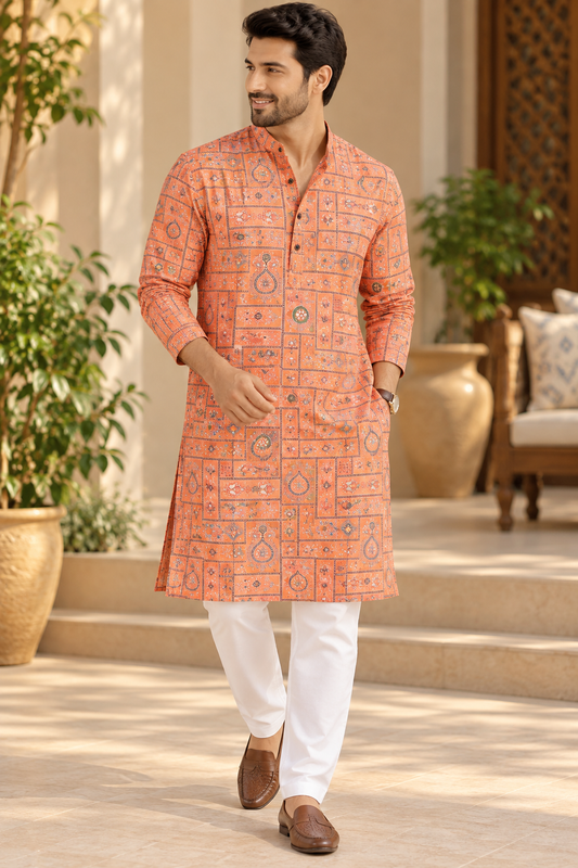 KPD6089 Orange Printed Sequin Work Kurta with White Pyjama Set
