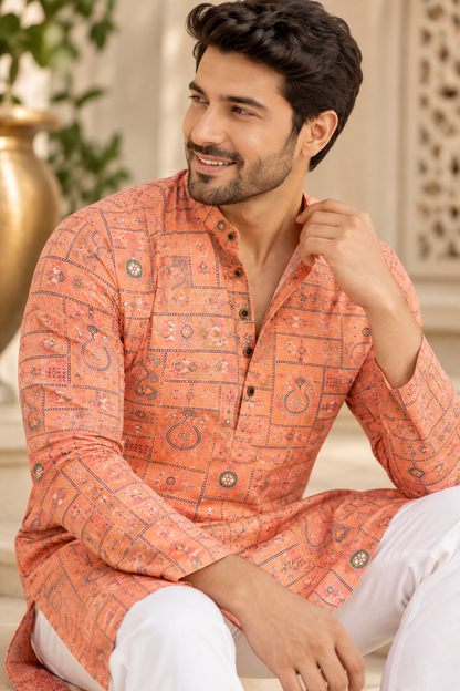 KPD6089 Orange Printed Sequin Work Kurta with White Pyjama Set