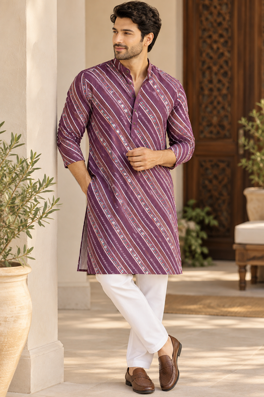 KPD6090 Wine Purple Printed Sequin work Kurta with White Pyjama Set