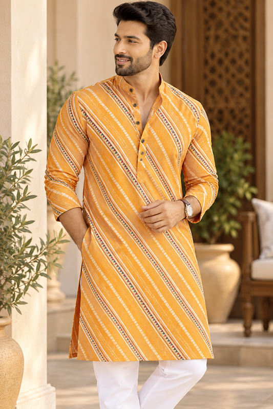 KPD6091 Mustard Yellow Printed Sequin Work Kurta with White Pyjama Set