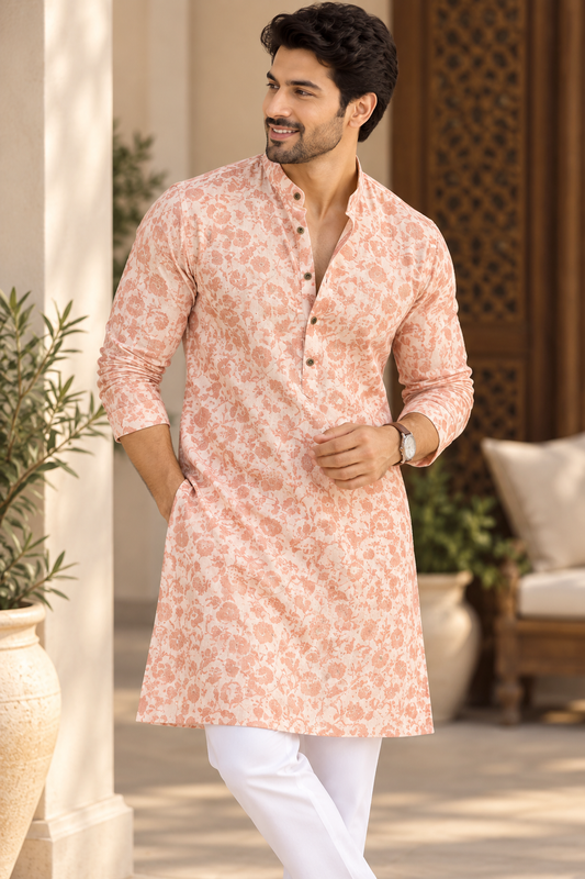 KPD6092 Peach Floral Printed Sequin Work Kurta with White Pyjama Set