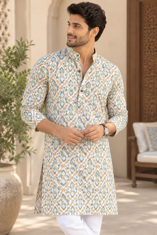 KPD6093 Sage and Ochre Ikat Printed Sequin Work Kurta with White Pyjama Set