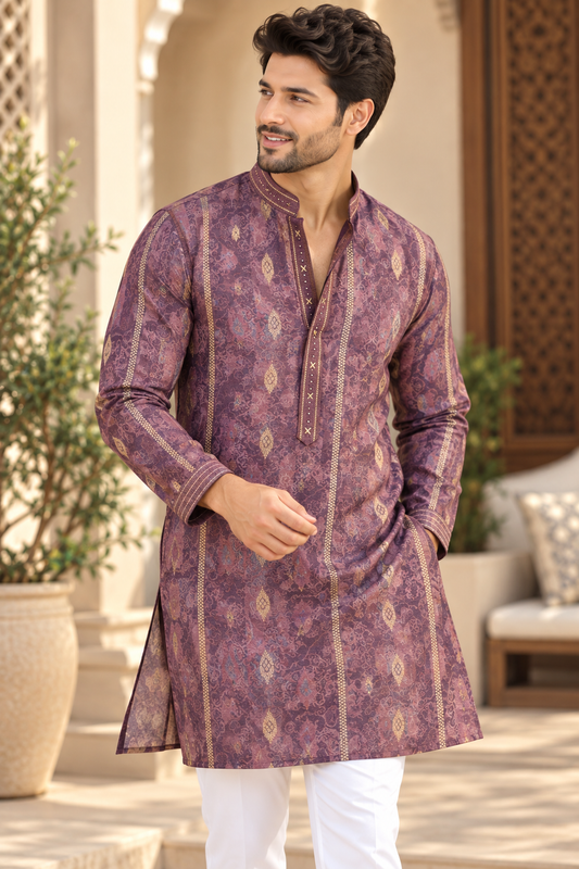 KPD6094 Purple Woven Jacquard Kurta with White Pyjama Set