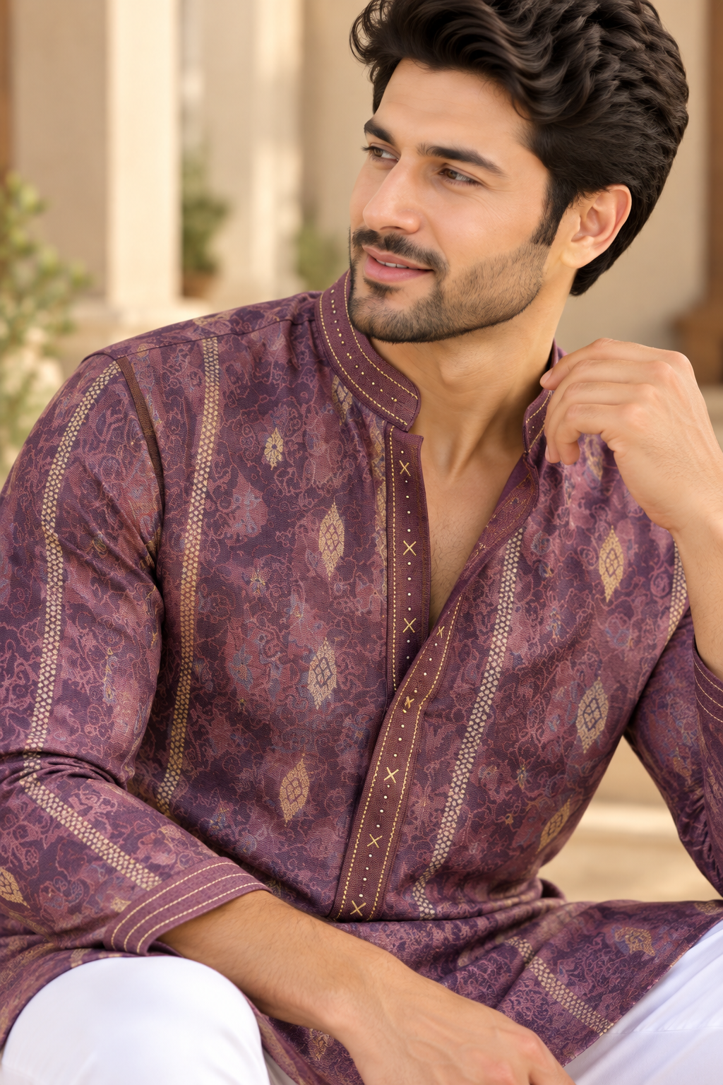 KPD6094 Purple Woven Jacquard Kurta with White Pyjama Set