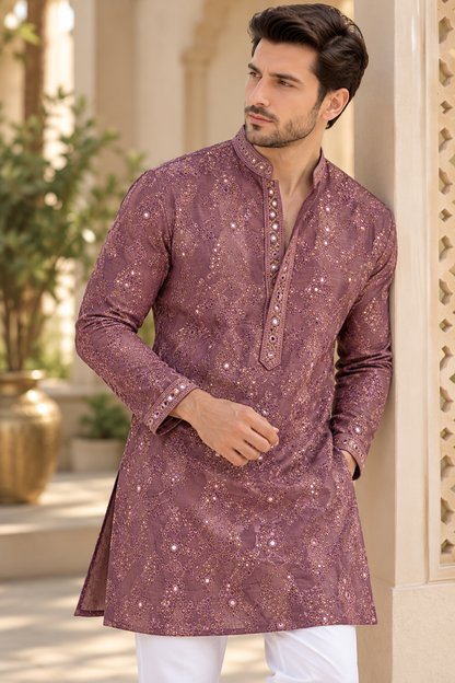 KPD6095 Mauve Mirror and Thread Work Kurta with White Pyjama Set