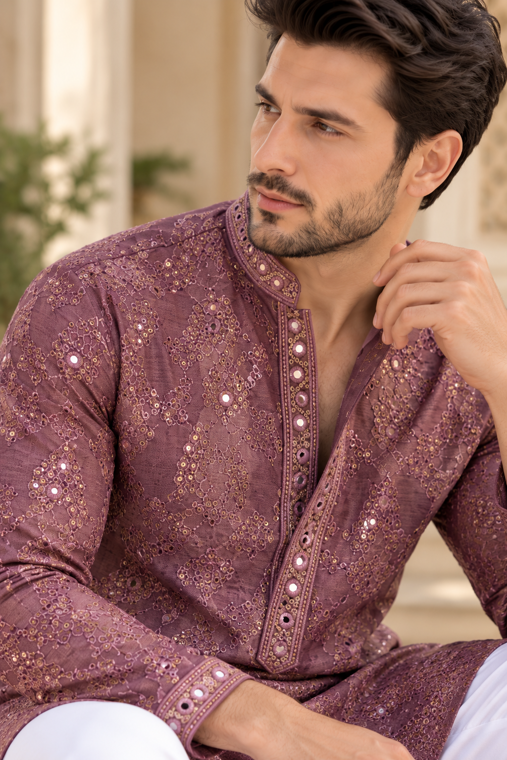 KPD6095 Mauve Mirror and Thread Work Kurta with White Pyjama Set