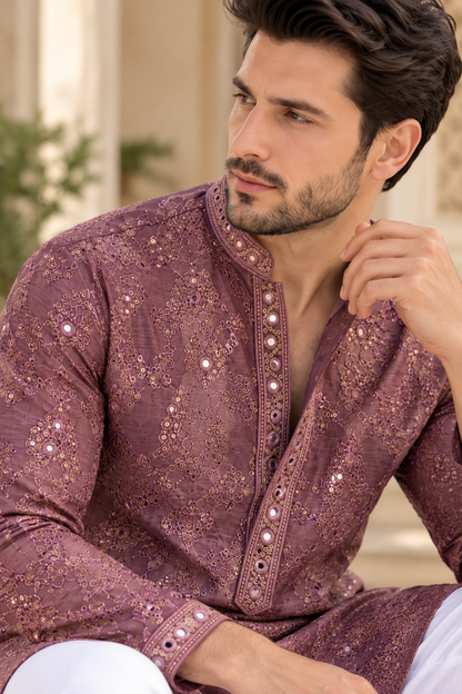 KPD6095 Mauve Mirror and Thread Work Kurta with White Pyjama Set