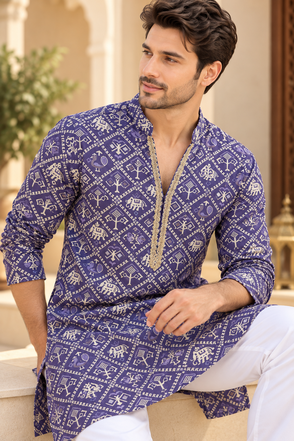 KPD6096 V-Neck Purple Printed Kurta with White Pyjama Set