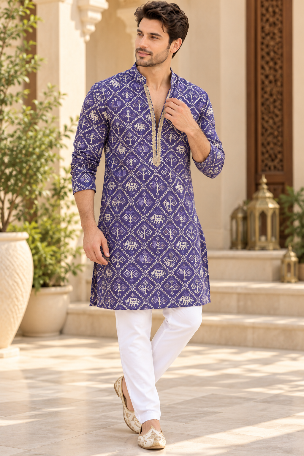 KPD6096 V-Neck Purple Printed Kurta with White Pyjama Set