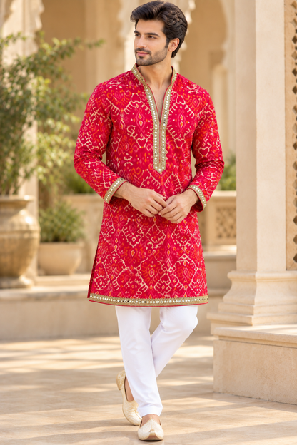 KPD6097 V-Neck Printed Pink-i orange Kurta with Mirror Work Border & White Pyjama Set
